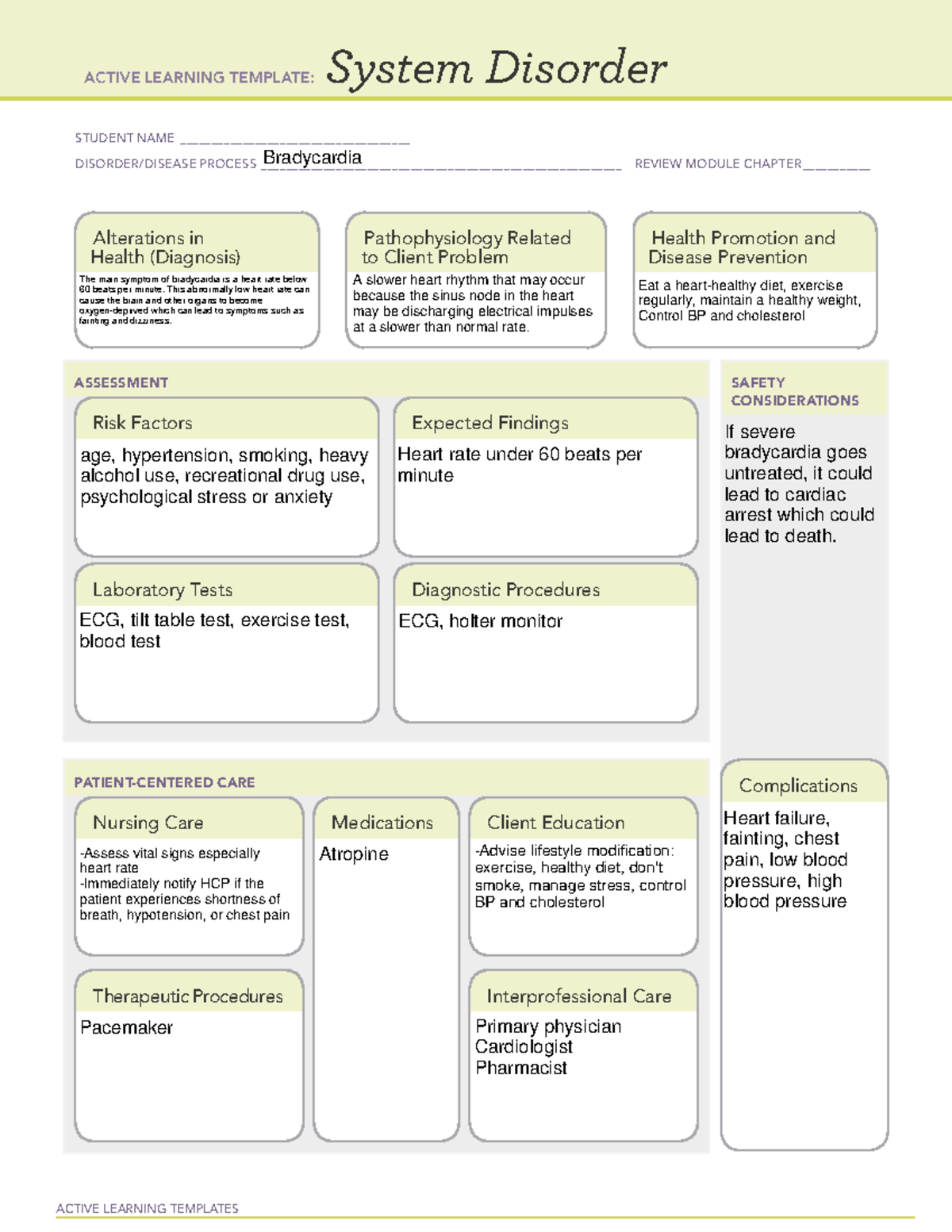 Bradycardia - ATI template - ACTIVE LEARNING TEMPLATES System Disorder ...