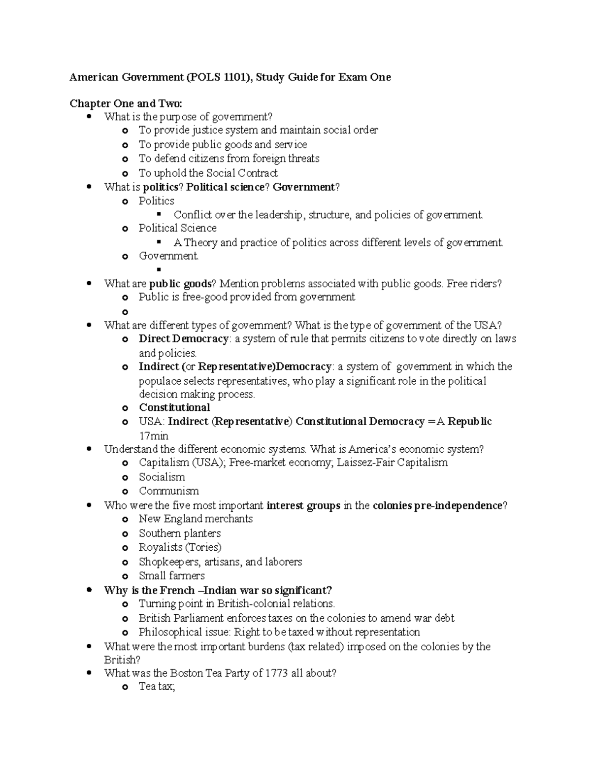 Exam One Study Guide , February 2019 - American Government (POLS 1101 ...