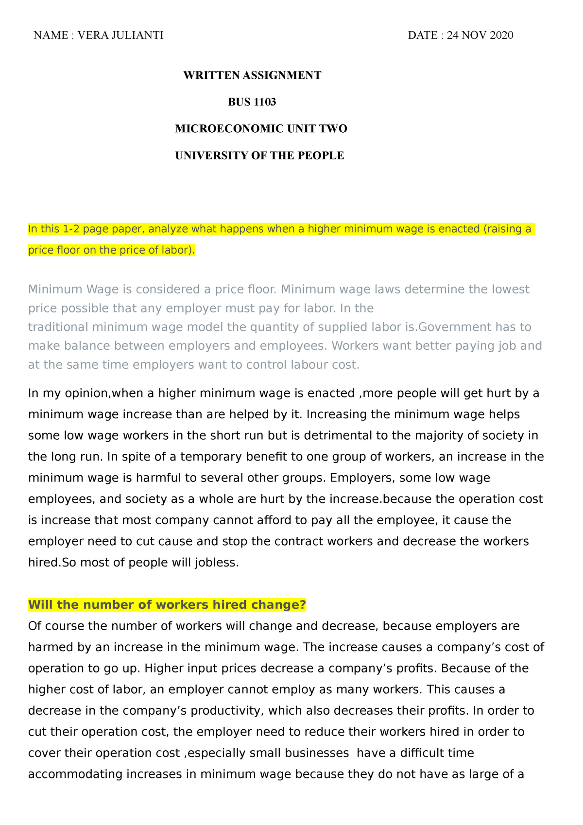 Written Assignment Bus 1103 Unit 2 M Icroeconomic (1) - NAME : VERA ...