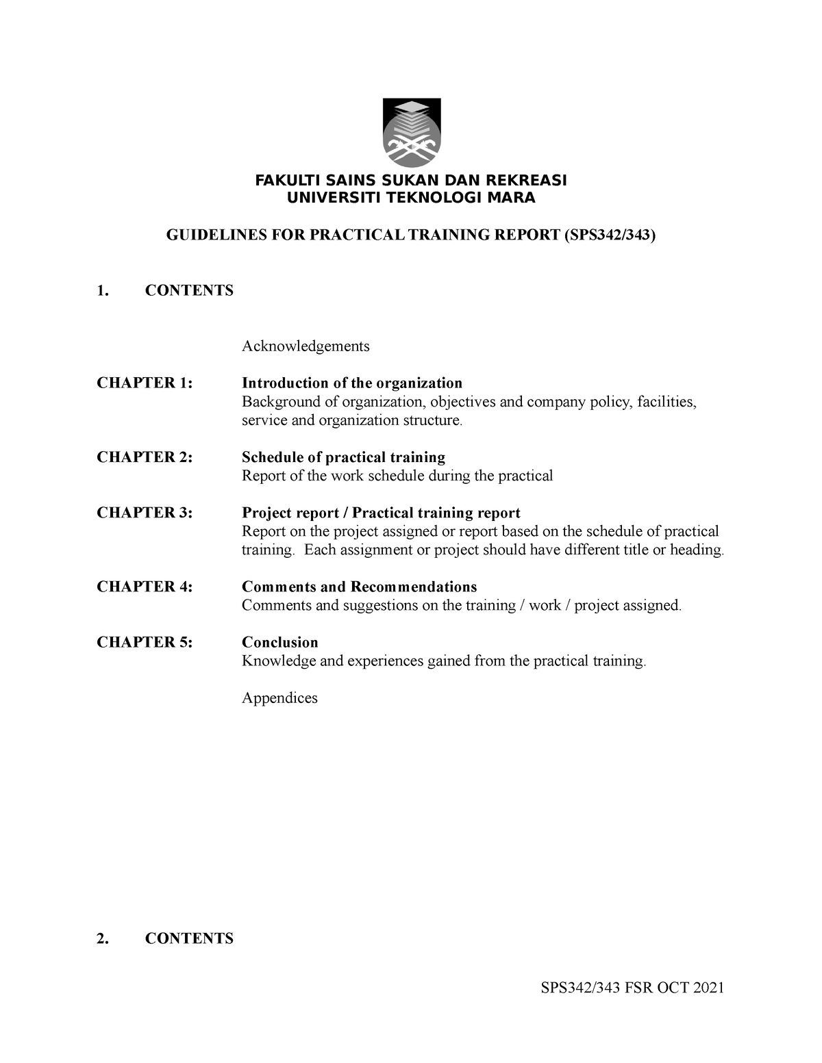 Guidelines FOR Practical Training Report Diploma FAKULTI SAINS SUKAN 