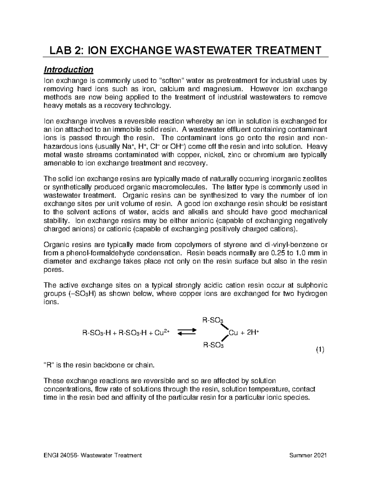 LAB 2Ion Exchange W2023 LAB 2 ION EXCHANGE WASTEWATER TREATMENT