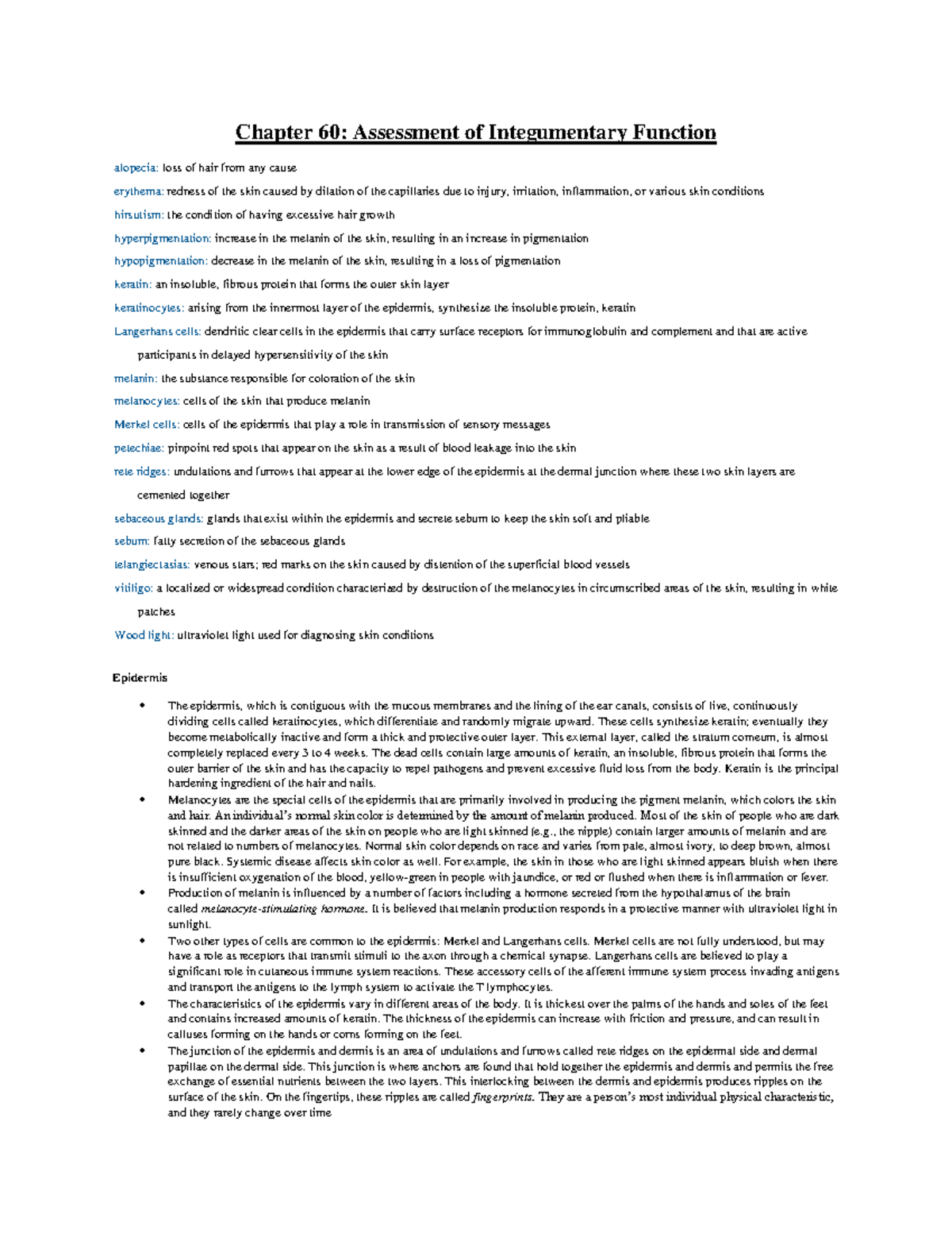 Chapter 60 - notes - Chapter 60: Assessment of Integumentary Function ...