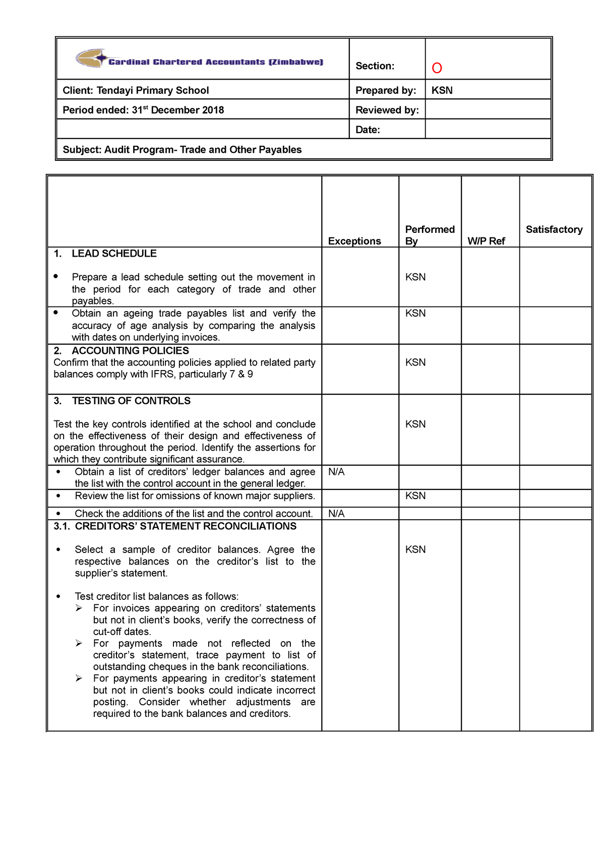 Trade and Other Payables- Audit Programs - Section: O Client: Tendayi ...