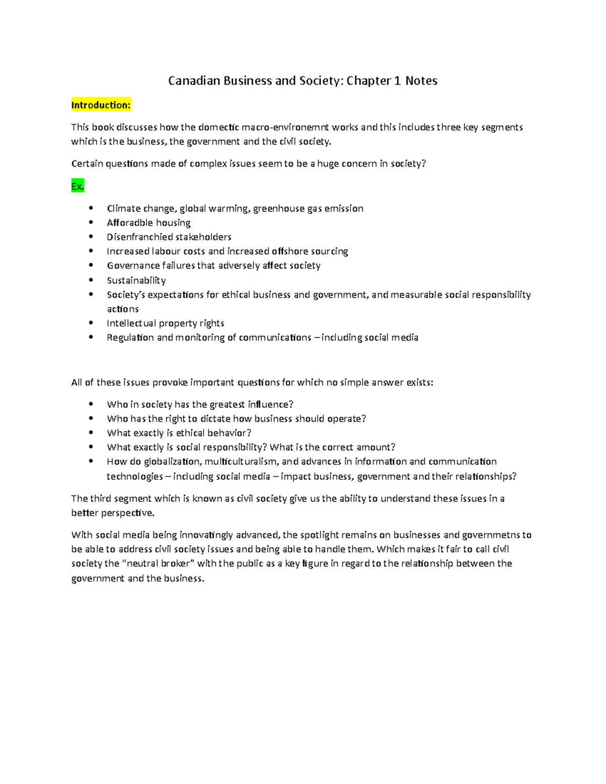 Canadian Business and Society Chapter 1 Notes - Certain questions made ...