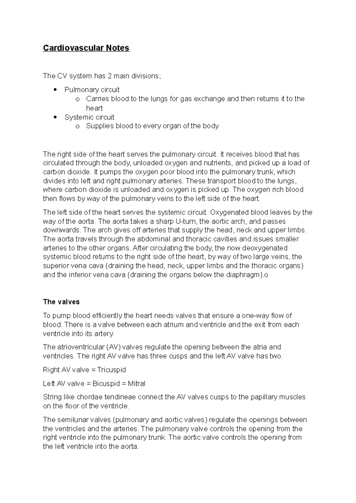Cardiovascular Notes - It receives blood that has circulated through ...