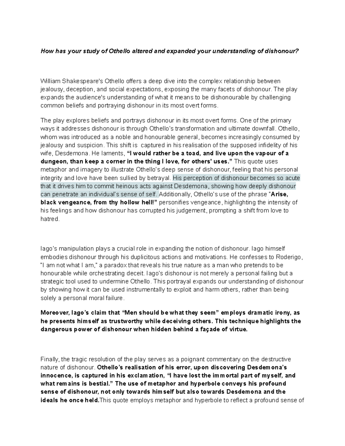Othello essay - How has your study of Othello altered and expanded your ...