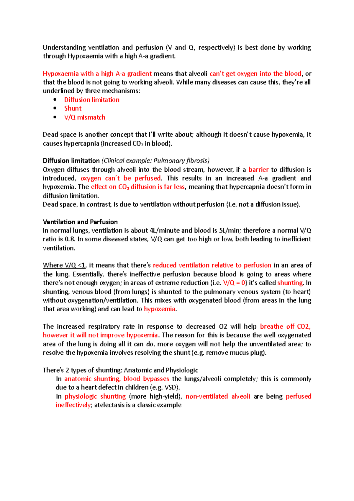 Ventilation (V) and Perfusion (Q) Notes - Understanding ventilation and ...