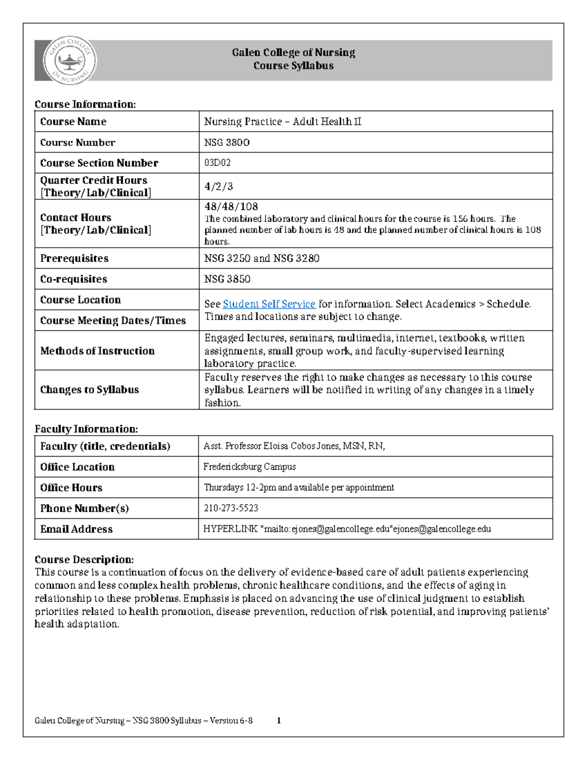 NSG 3800 Syllabus Version 6-8 Jones E 03D02 Spring 2024 - Galen College ...