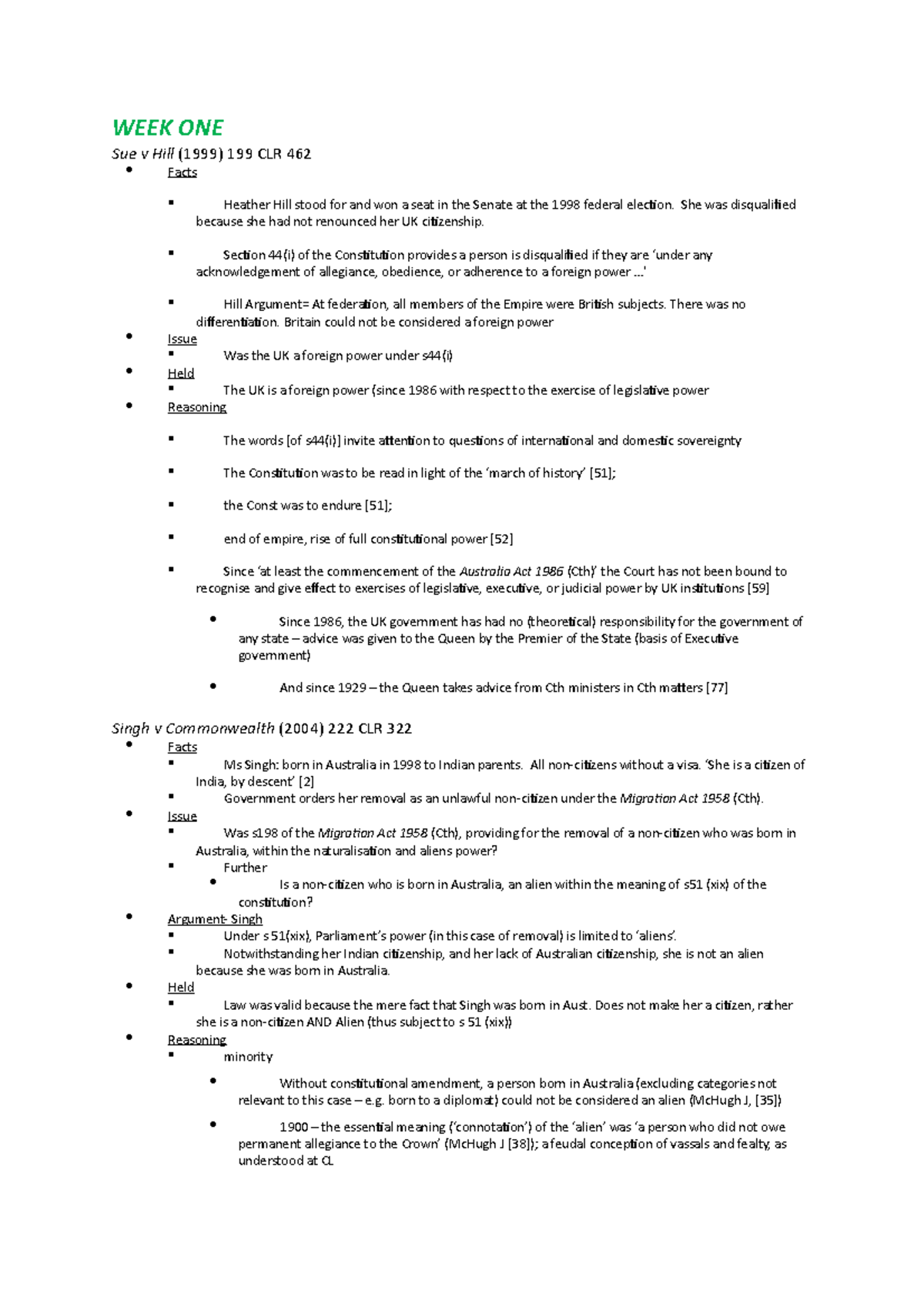 Constitutional Law Case Briefs WEEK ONE Sue v Hill (1999) 199 CLR 462