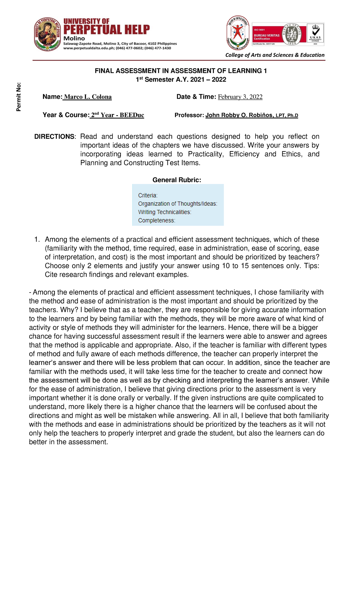 Colona Final Assessment - FINAL ASSESSMENT IN ASSESSMENT OF LEARNING 1 ...