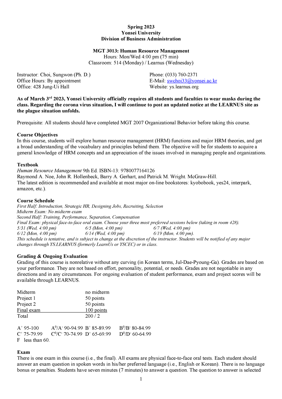 MGT 3013 Syllabus 2023 Spring - Spring 2023 Yonsei University Division ...