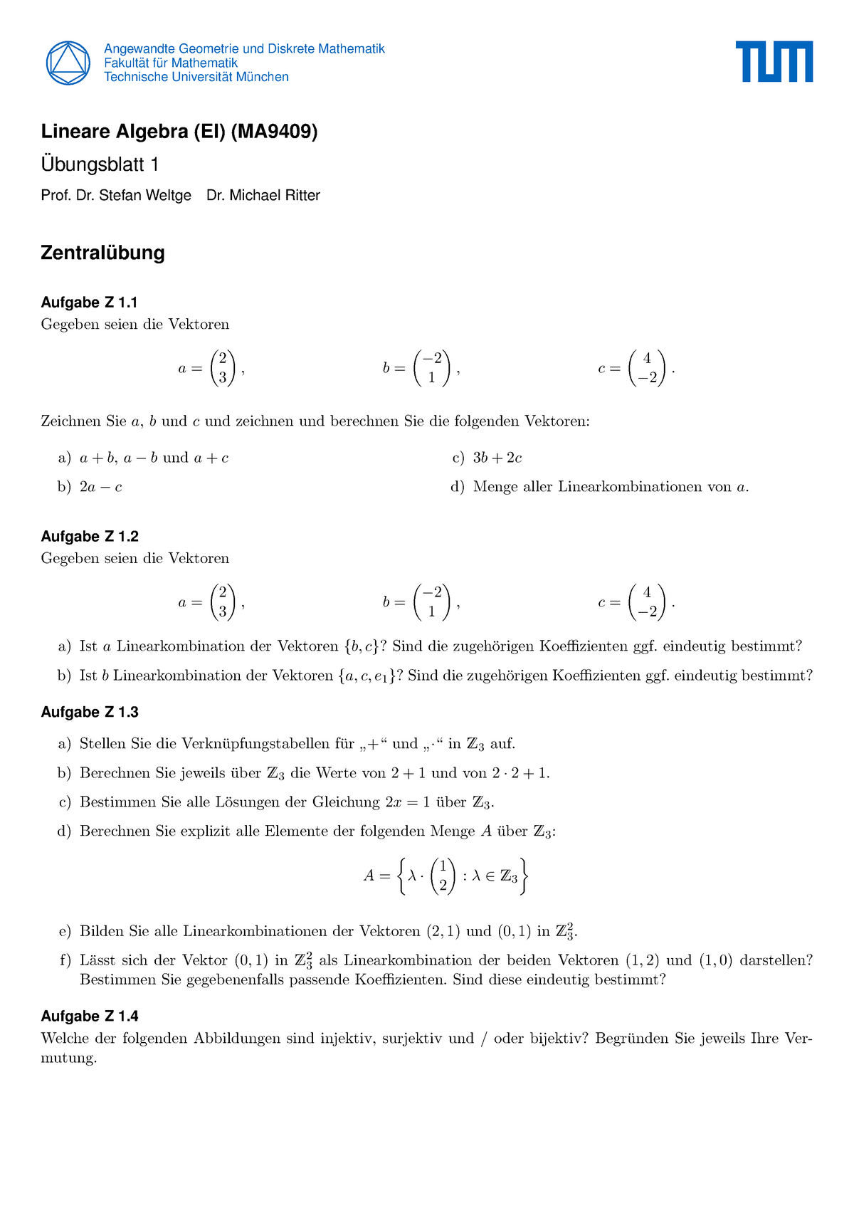 Blatt 01 - Übung LA - Lineare Algebra (EI) (MA9409) Technische ...