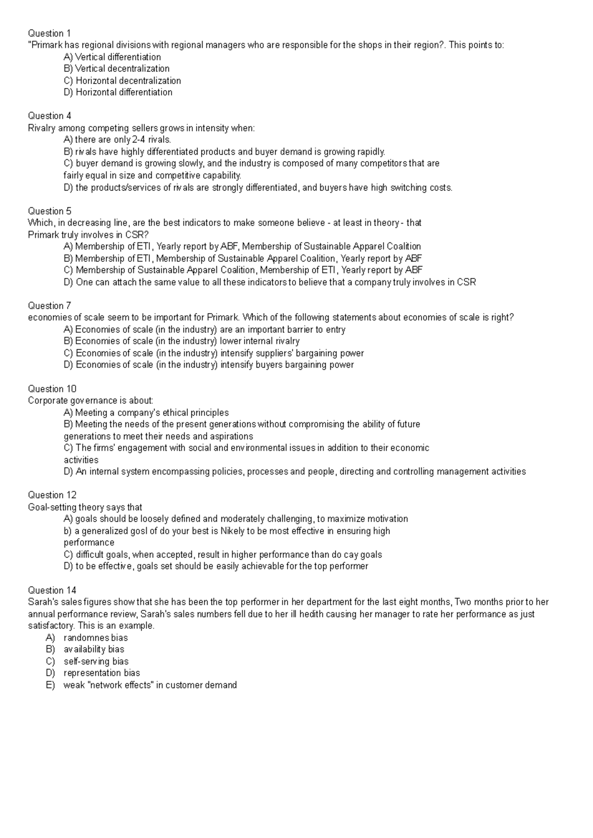management mock exam - Question 1 