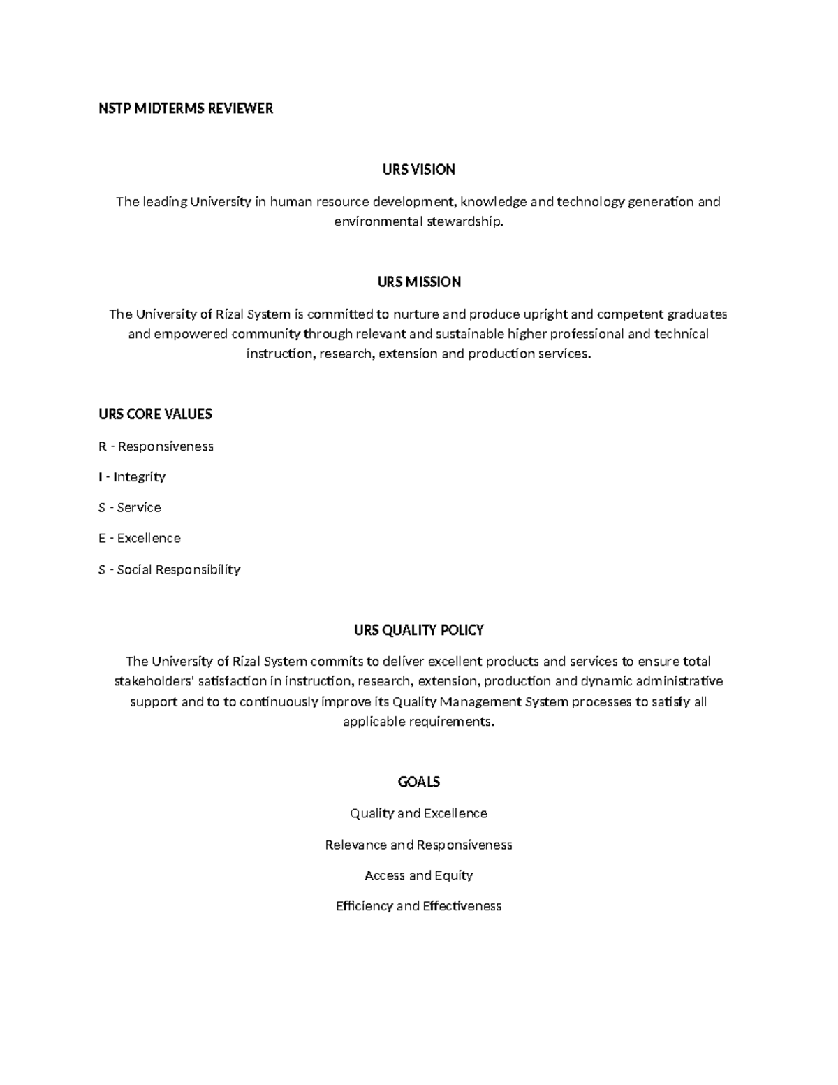 NSTP- Midterms- Reviewer - NSTP MIDTERMS REVIEWER URS VISION The ...