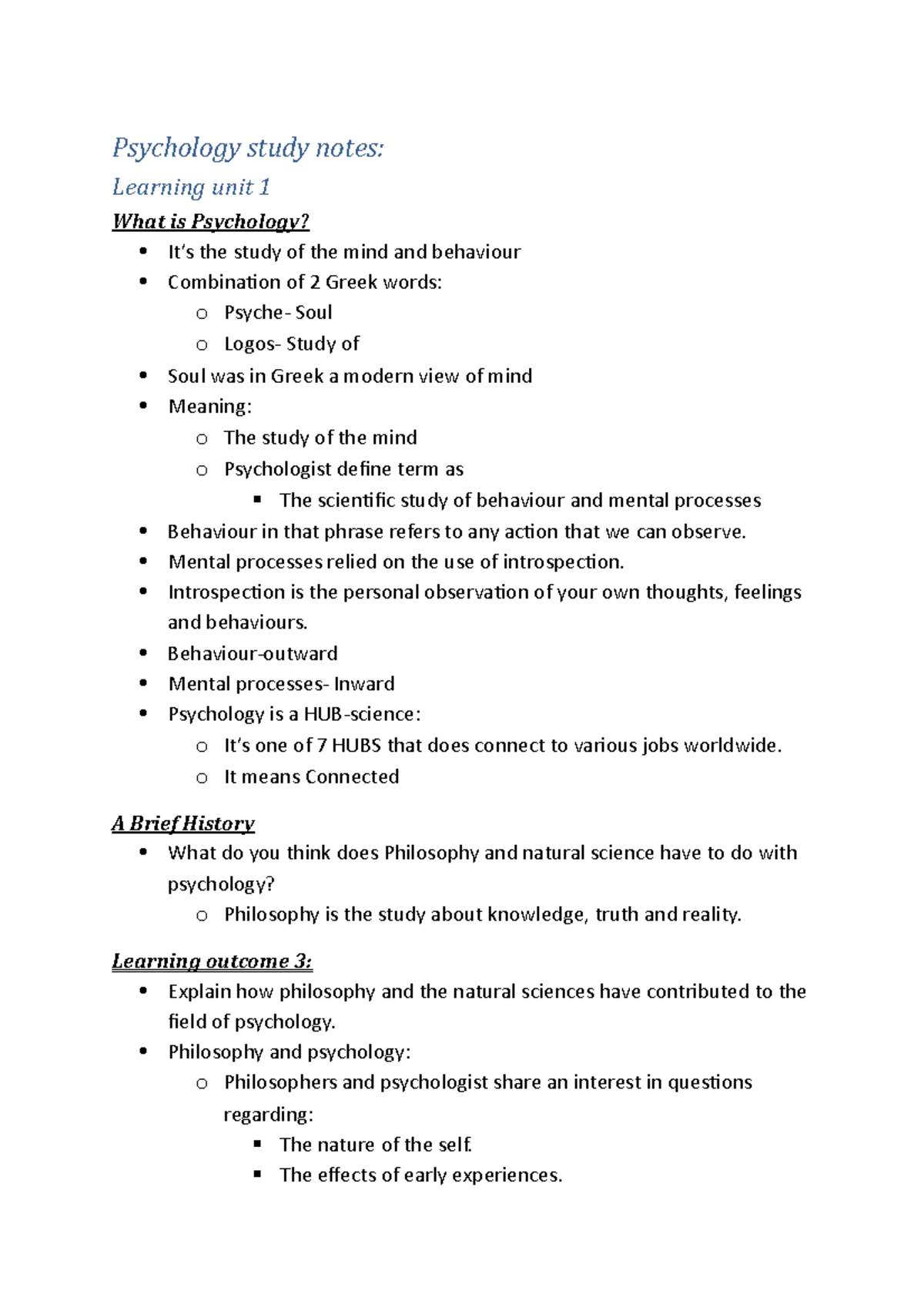 Psychology study notes - Psychology study notes: Learning unit 1 What ...