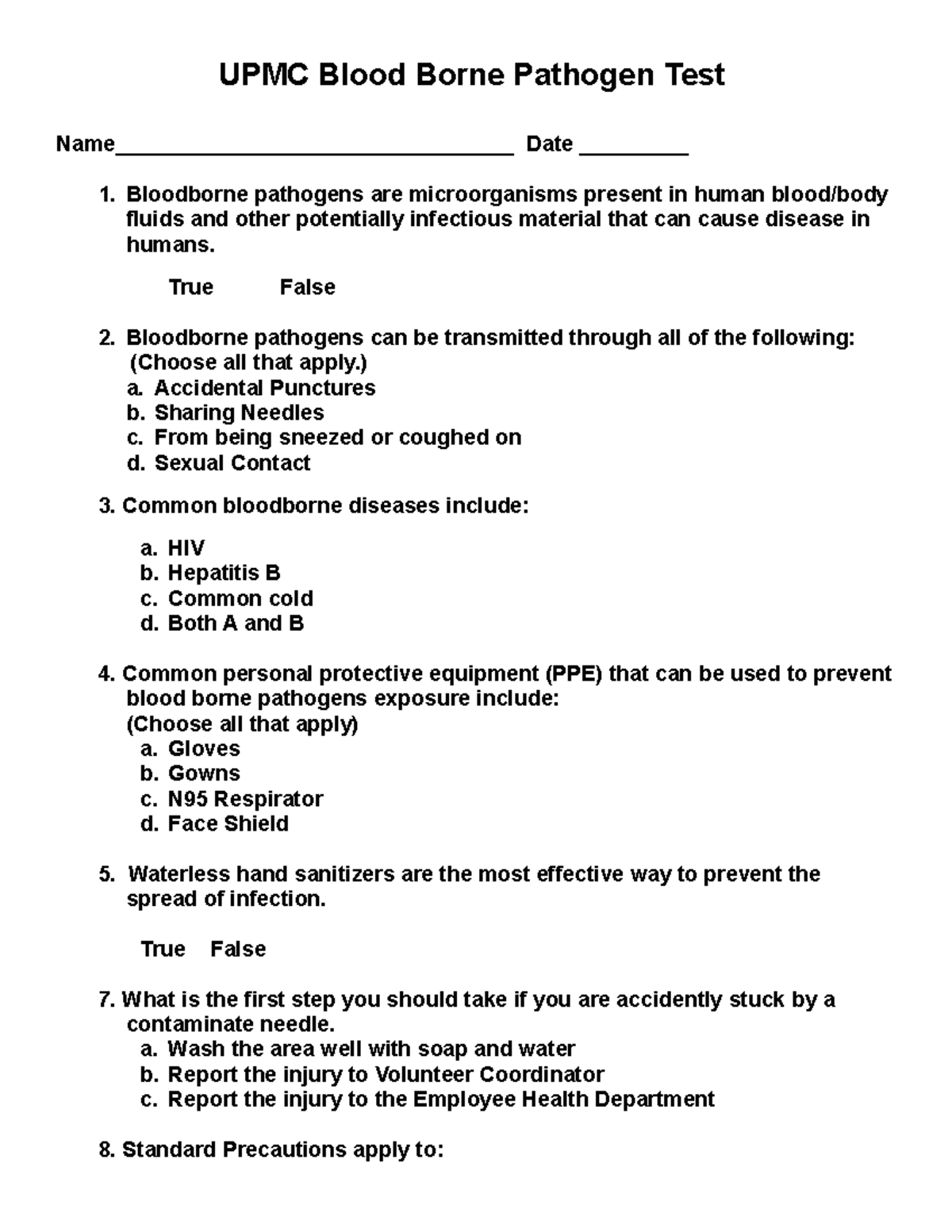 BBP Test Just a quix UPMC Blood Borne Pathogen Test Name