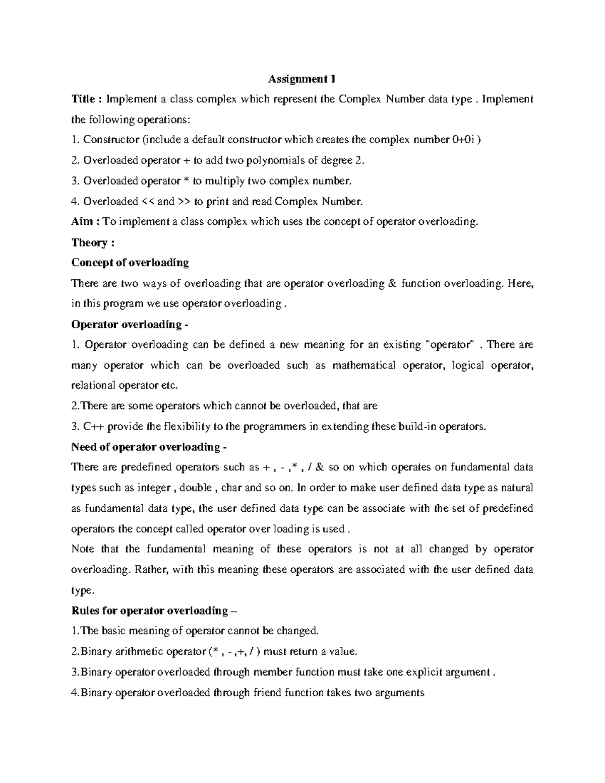 OOP Lab Assignment 1 Assignment 1 Title Implement a class complex