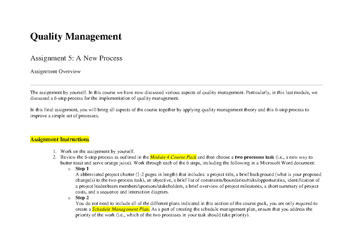 quality management assignment example