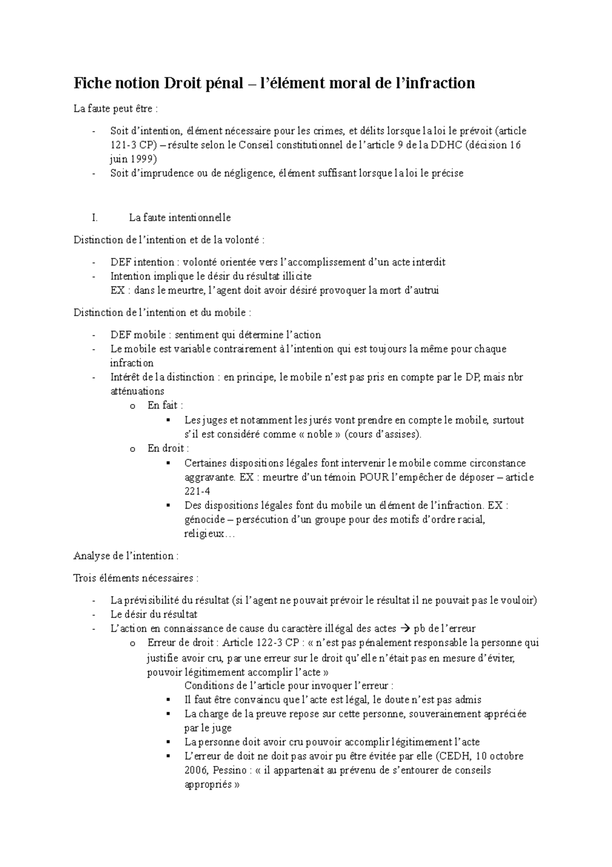 Fiche notion Droit pénal element moral Fiche notion Droit pénal l