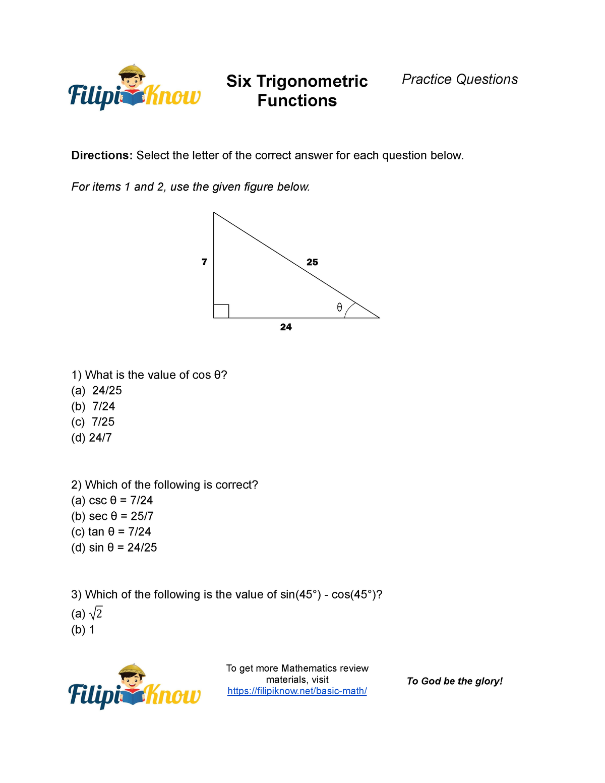 Six Trigonometric Functions Practice Questions Six Trigonometric