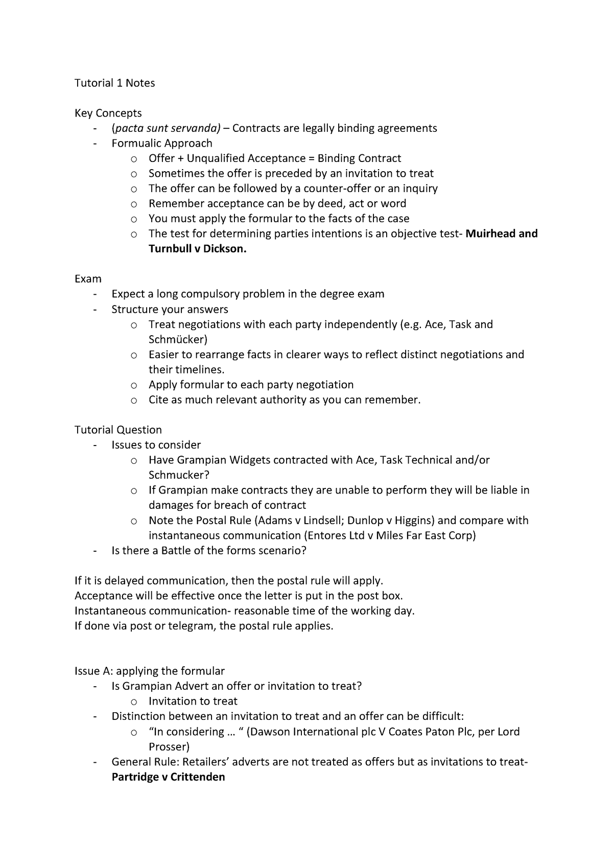 Tutorial 1 Answers (Formation of Contract) - Tutorial 1 Notes Key ...