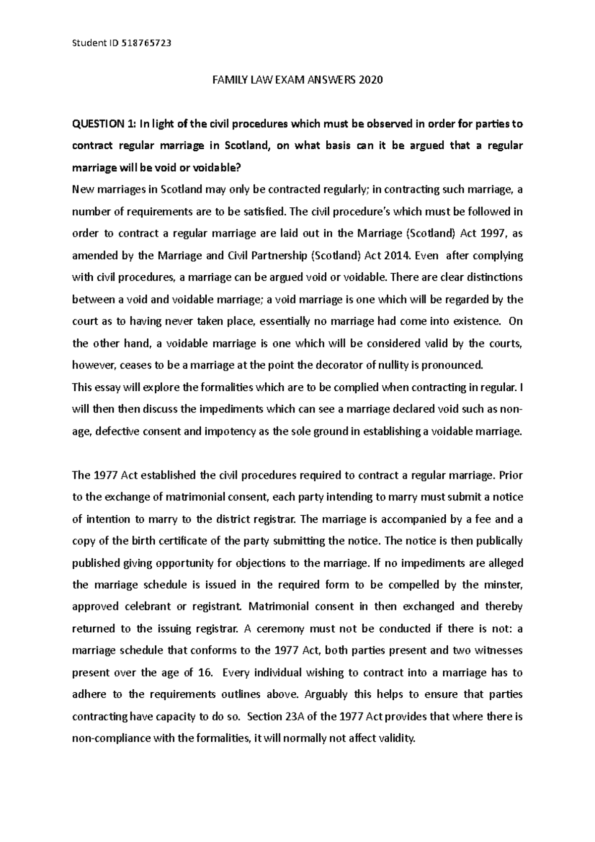 Family Law Exam Answers 2020 FAMILY LAW EXAM ANSWERS 2020 QUESTION 1