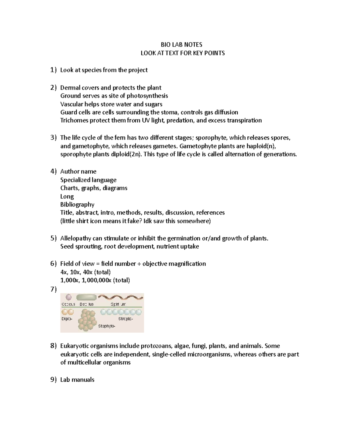 BIO LAB Notes - This was the main stuff given on the final exam for the ...