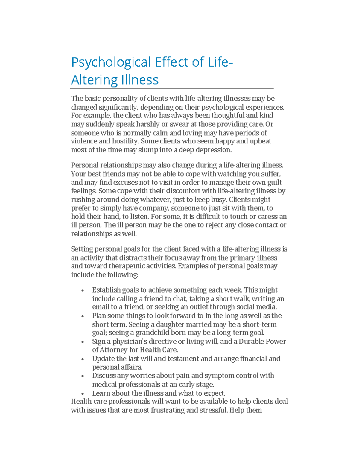 psychological effect of life altering illnesses Psychological Effect