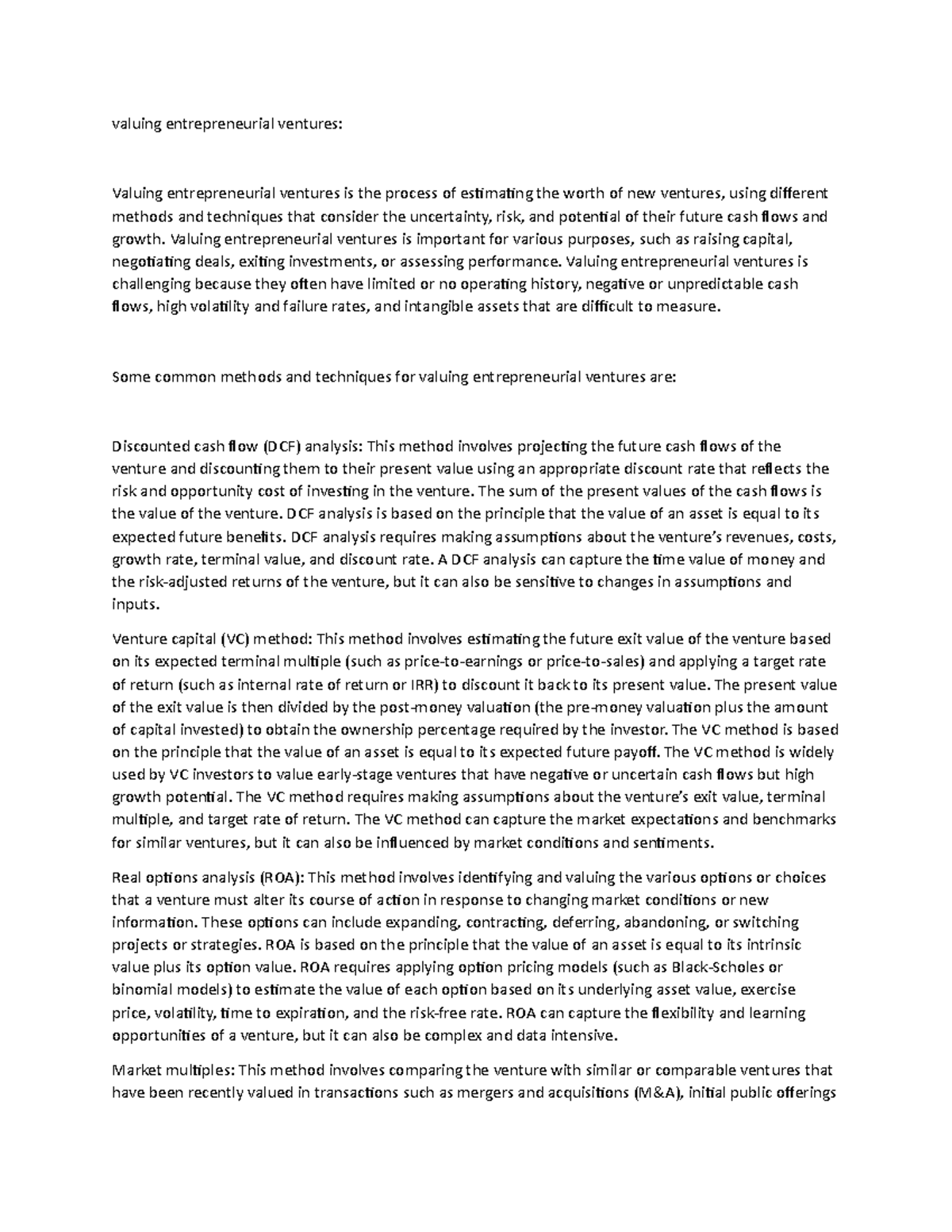 Valuing Entrepreneurial Ventures Valuing Entrepreneurial Ventures