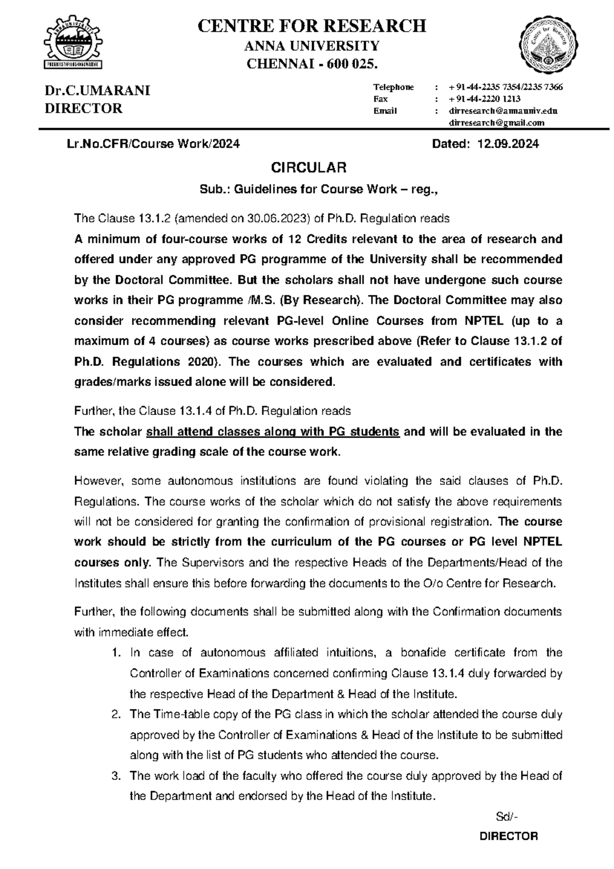 Course Work Circular - CENTRE FOR RESEARCH ANNA UNIVERSITY CHENNAI ...