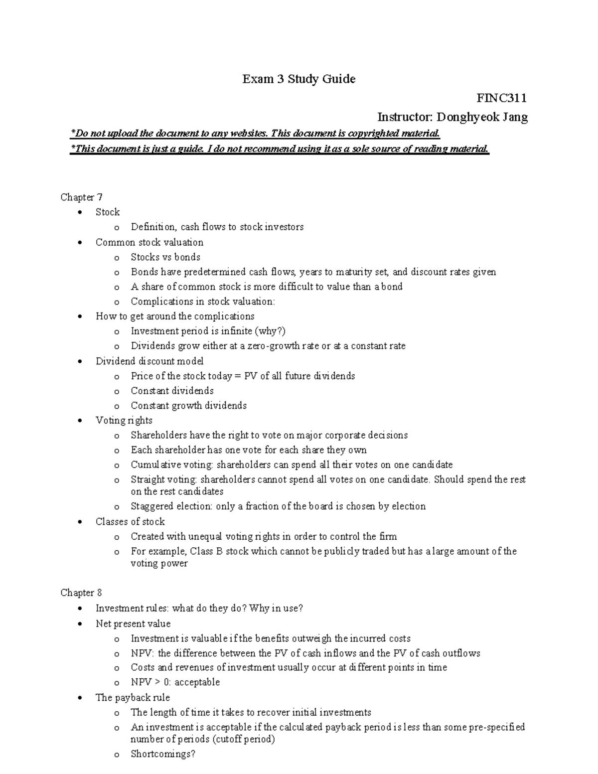 Exam 3 Study Guide - Notes - Exam 3 Study Guide FINC Instructor ...