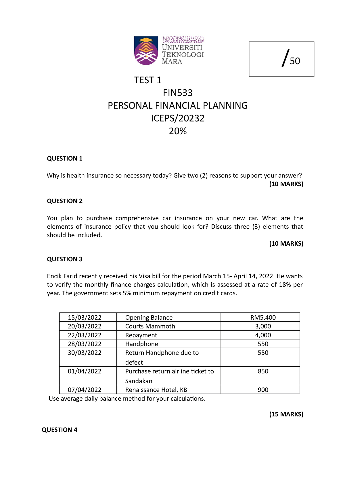 STUD TEST 1 FIN533 - NOTE - TEST 1 FIN PERSONAL FINANCIAL PLANNING ...