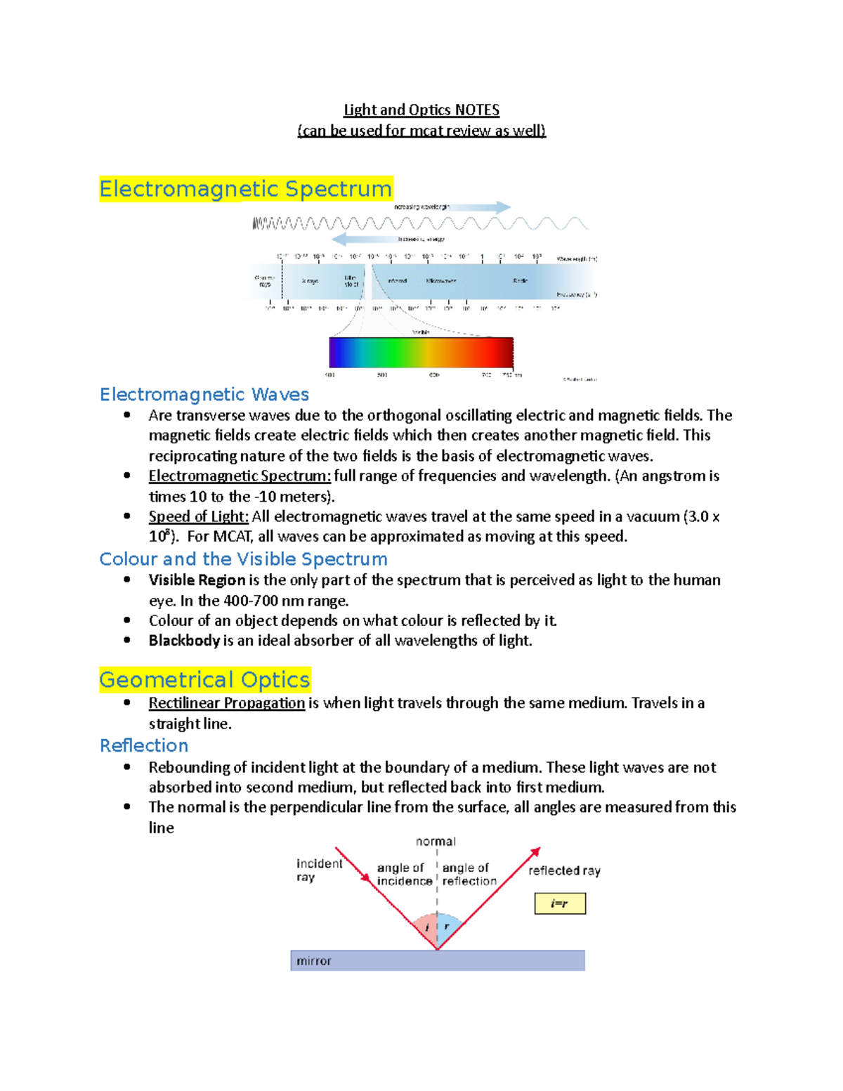Light and Optics Detailed lecture notes Light and Optics NOTES (can