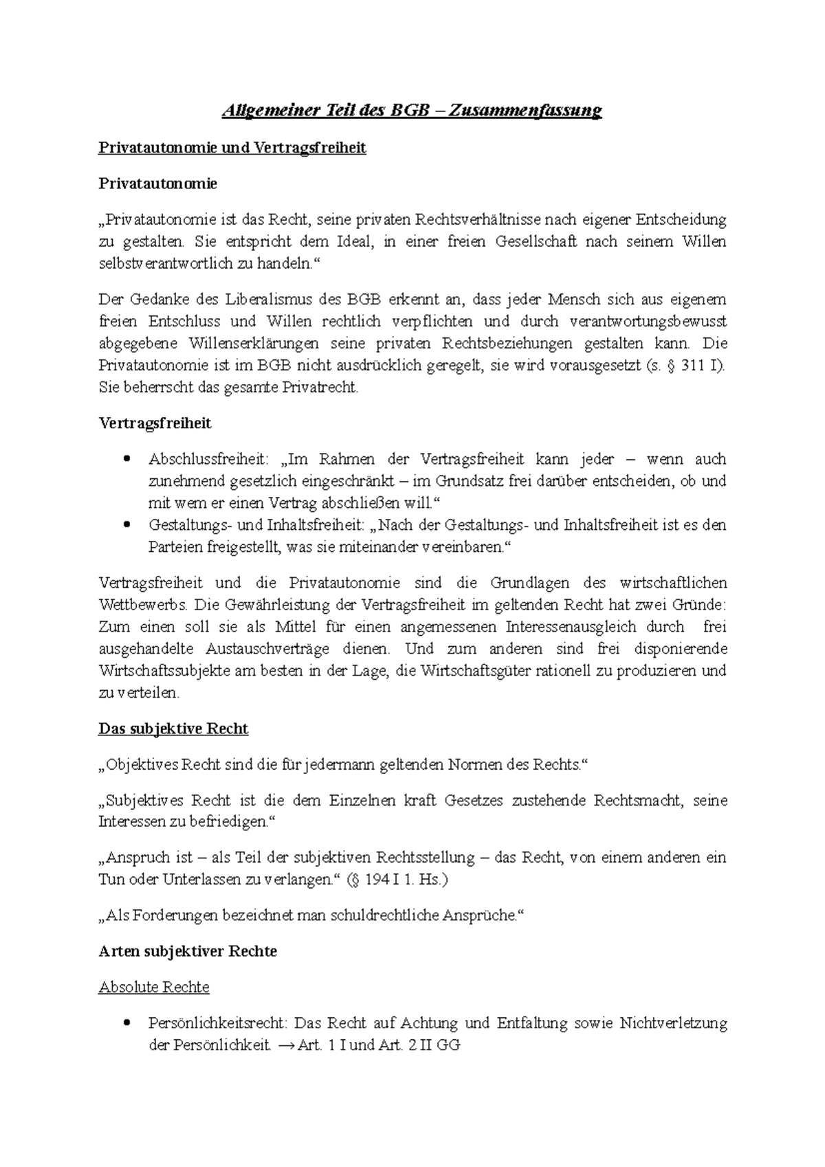 ZusammenfassungBGBAT Allgemeiner Teil des BGB Zusammenfassung Privatautonomie und Studocu