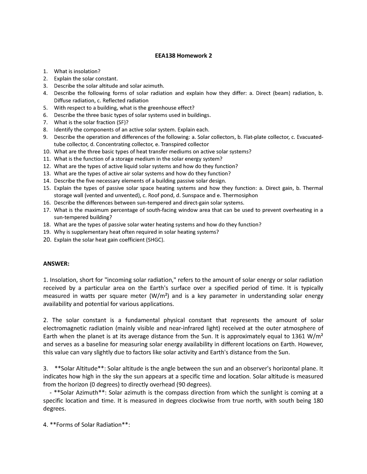 EEA138 Homework 2 - Assessment - EEA138 Homework 2 What is insolation ...