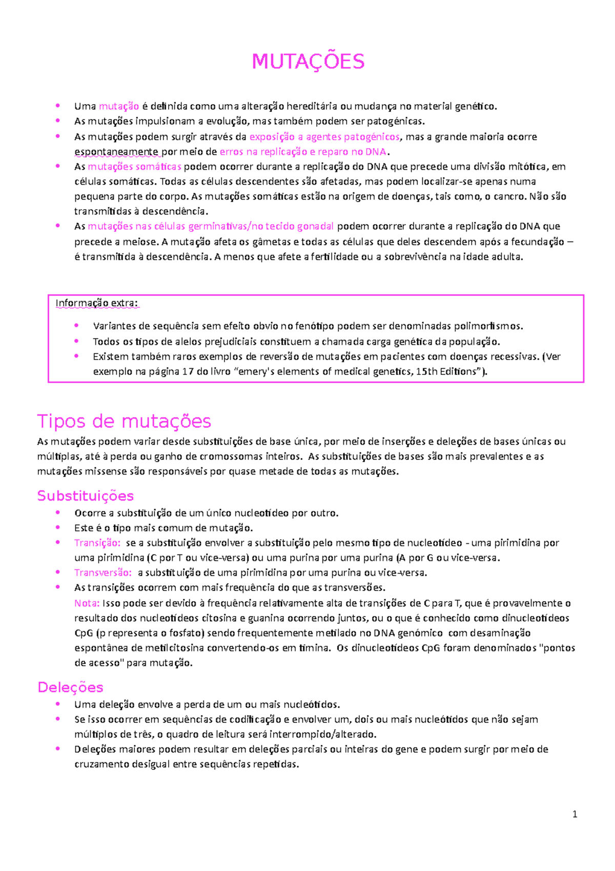 Genética Molecular - Mutações - MUTAÇÕES Uma mutação é definida como ...
