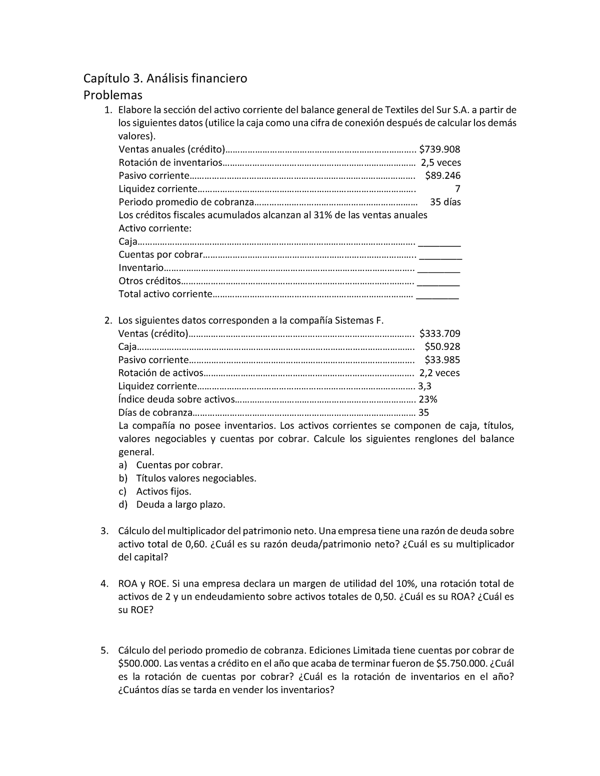 Ejercicios - Finanzas I - Capítulo 3. Análisis Financiero Problemas ...