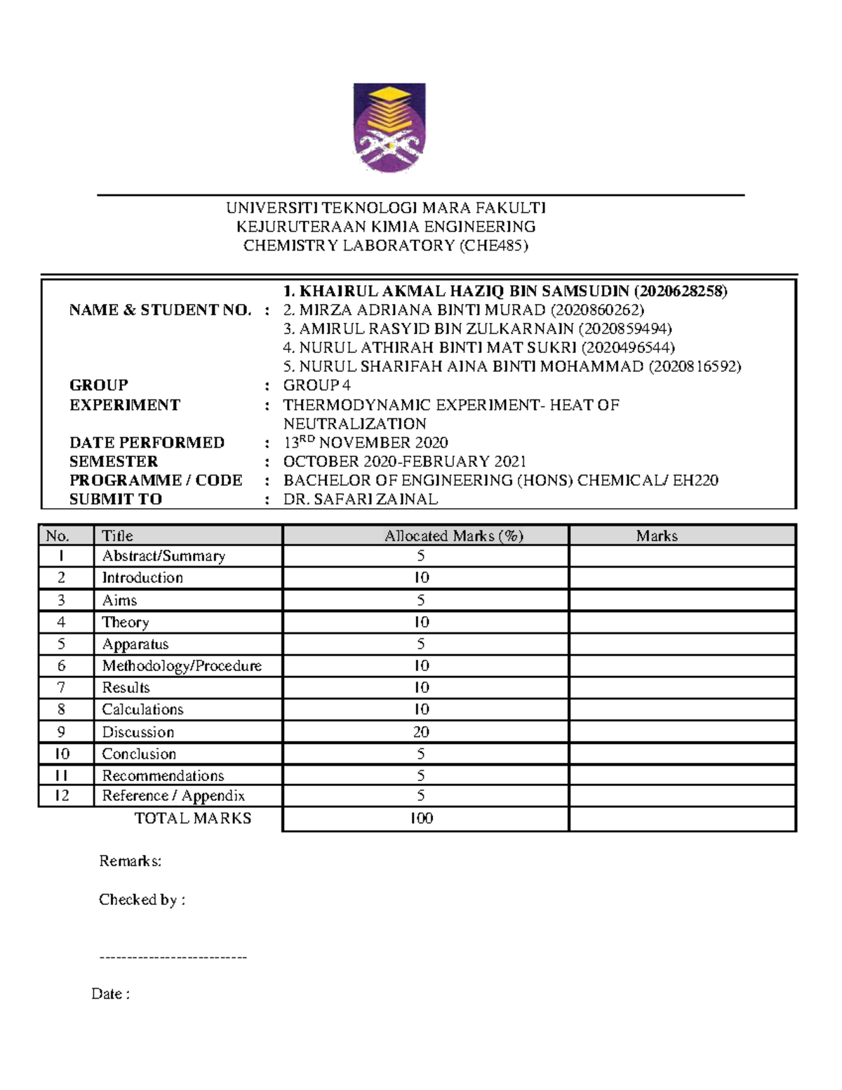 Lab Experiment 3 (Heat of Neutralization) UNIVERSITI TEKNOLOGI MARA