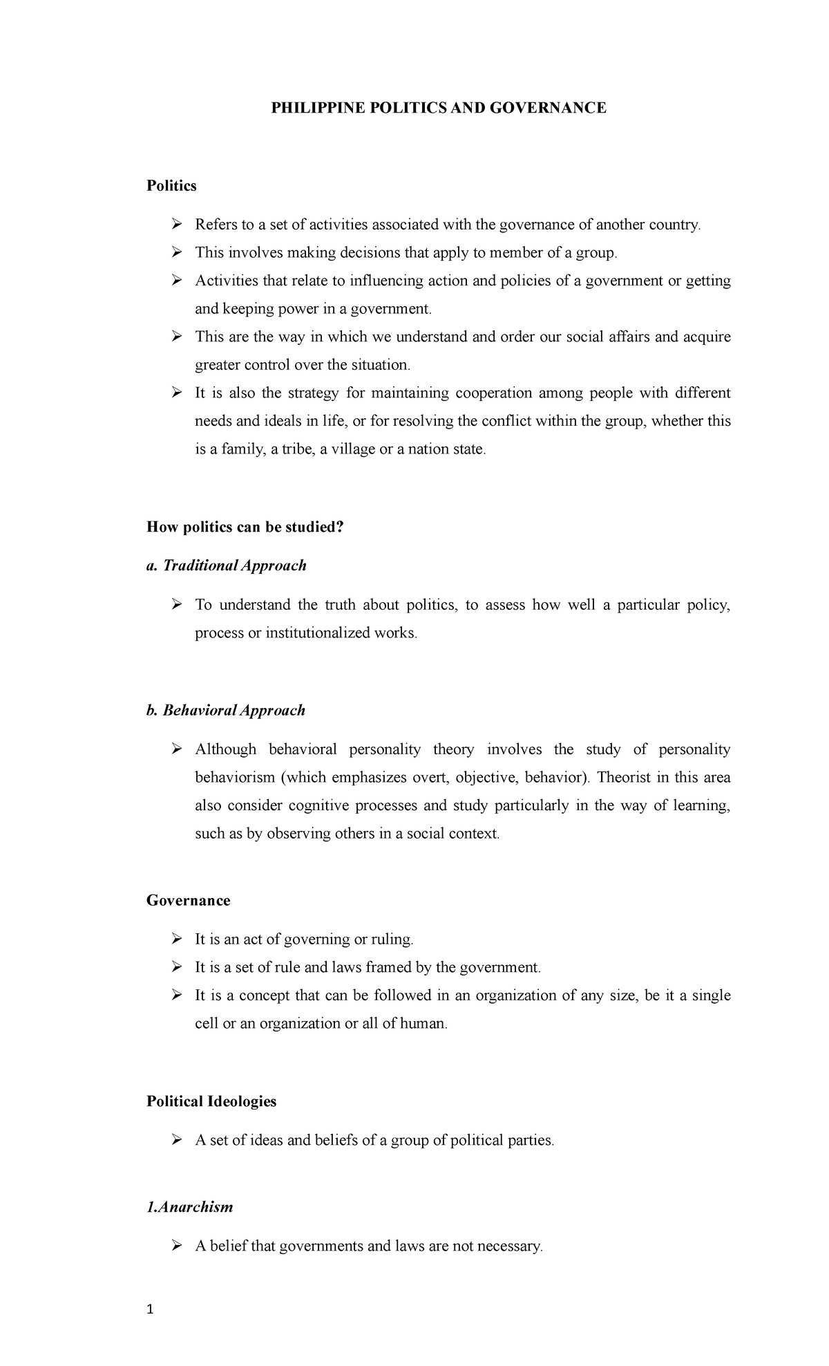 Politics 1 - Note - PHILIPPINE POLITICS AND GOVERNANCE Politics Refers ...