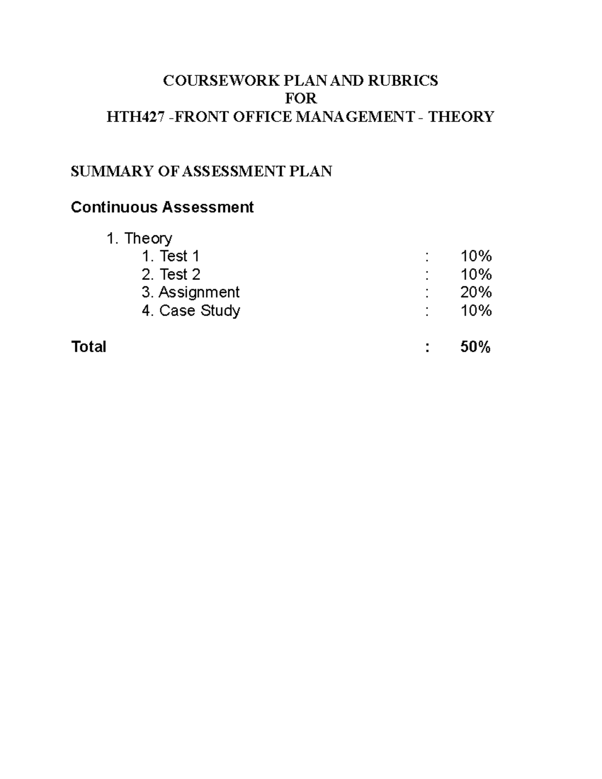 HTH427 - Coursework PLAN AND Rubrics - COURSEWORK PLAN AND RUBRICS FOR ...