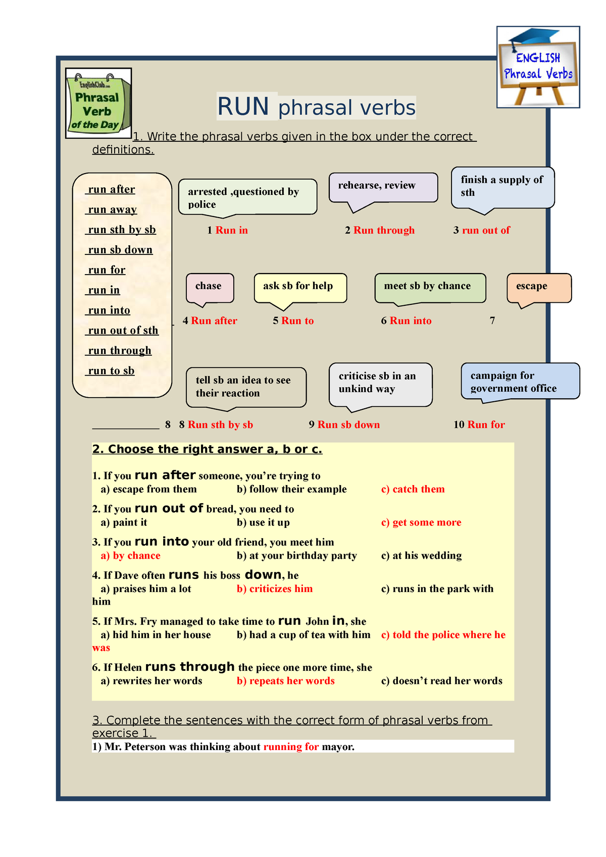 Run phrasal verbs Exercise Activities RUN Phrasal Verbs Write The 