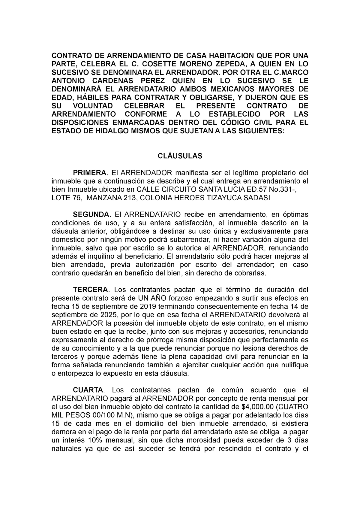 Contrato DE Arrendamiento Marco - CONTRATO DE ARRENDAMIENTO DE CASA ...