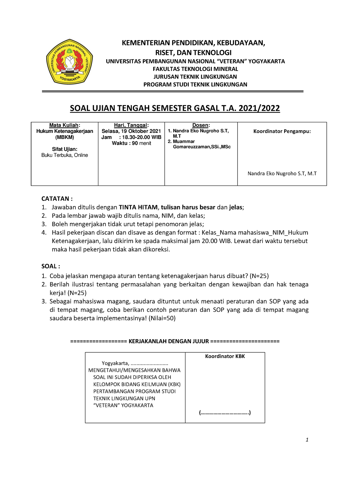 SOAL UTS Hukum Ketenagakerjaan MBKM TL - 1 KEMENTERIAN PENDIDIKAN ...