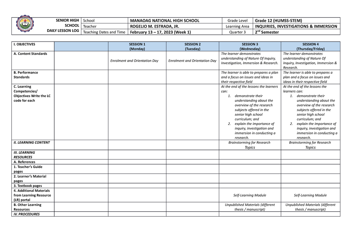 Inquiries Investigations Immersion WEEK 1 - I. OBJECTIVES SESSION 1 ...