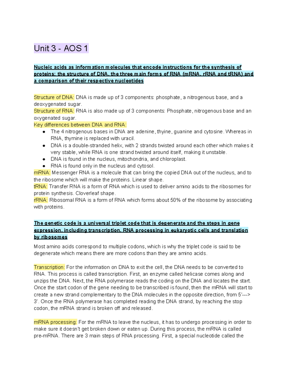 Biology Unit 3 4 Notes - Unit 3 - AOS 1 Nucleic acids as information ...