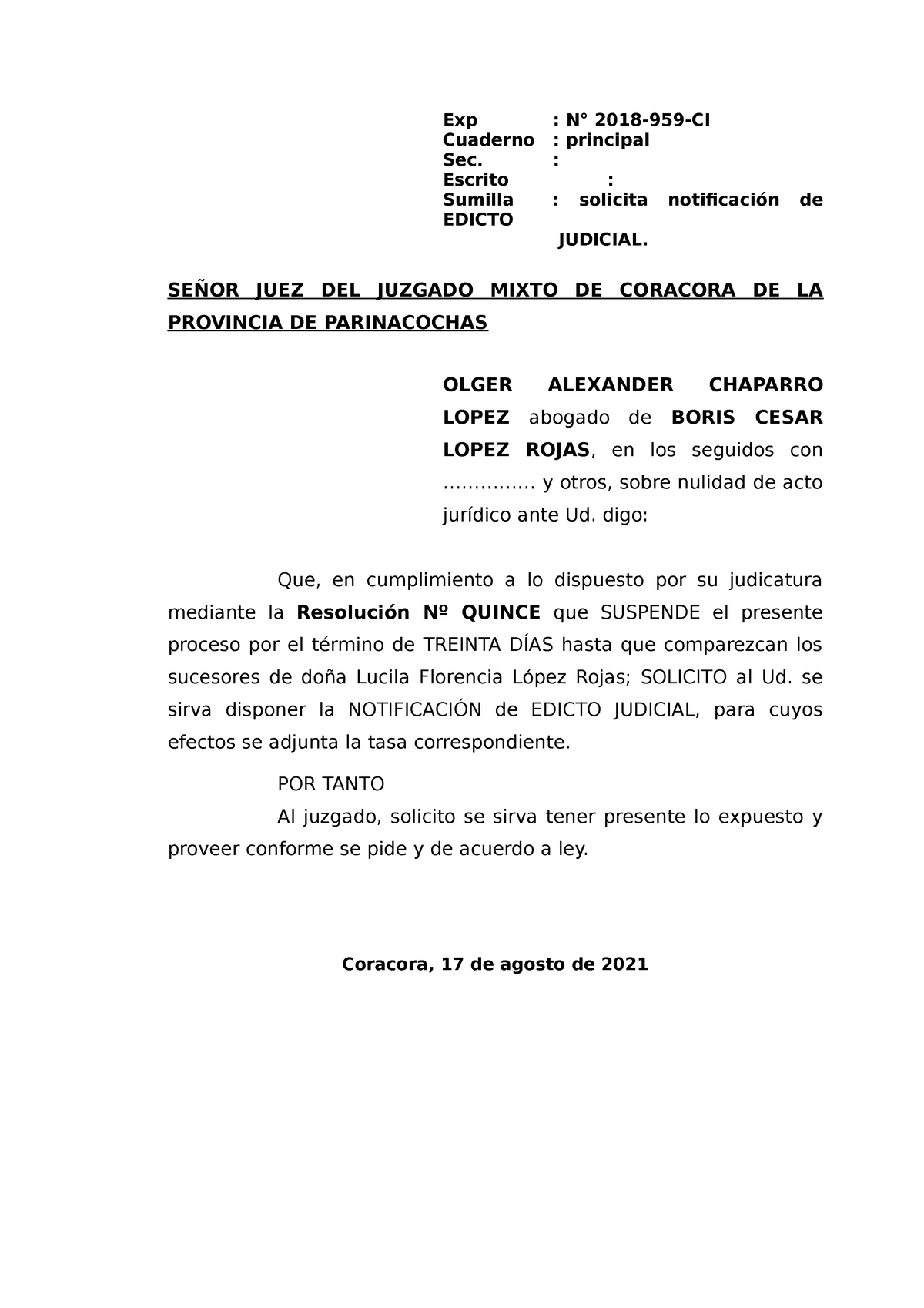 Solicita notificacion Edicto Judicial - Exp : N° 2018-959-CI Cuaderno ...