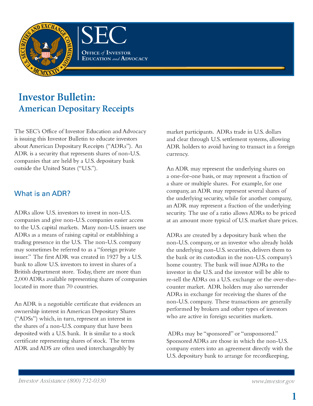 American Depository Receipts (ADR’s) - Investor Bulletin: American ...