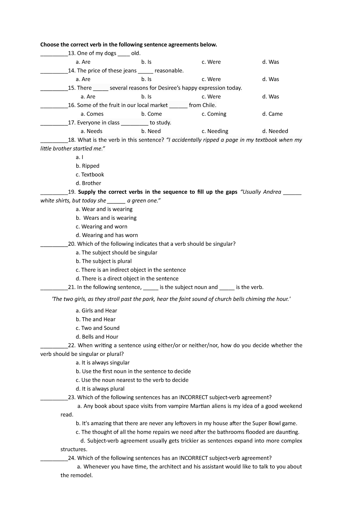 JHS14 - Lesson - Choose the correct verb in the following sentence ...