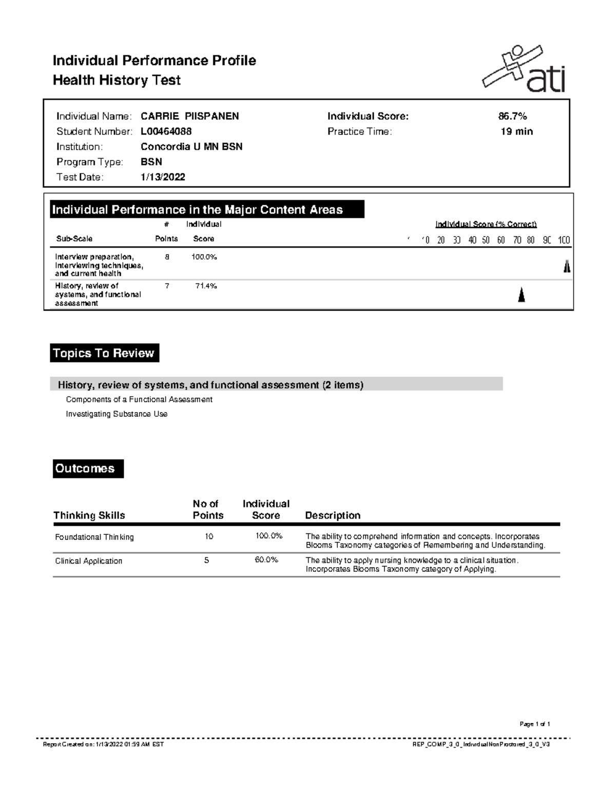 ATI Health History report Individual Performance Profile Health