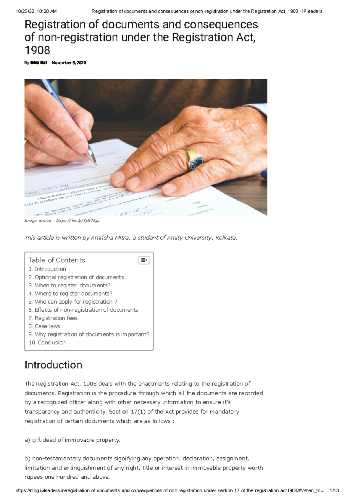 Registration act notes Registration of documents and consequences of